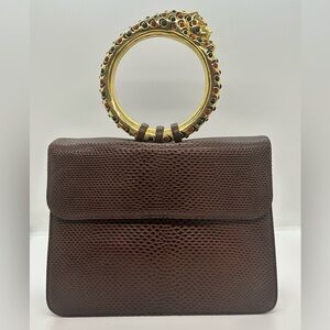 Judith Leiber Brown Lizard Gold Circle Handle Bag